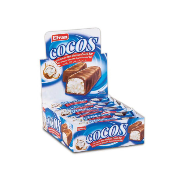 Elvan Cocos Milk Compound Chocolate Covered Coconut Bar in Box 24 gr (0.84oz) – 24 Pieces