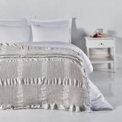100% Cotton Waffle Fabric Natural Bedspread Denizli Concept